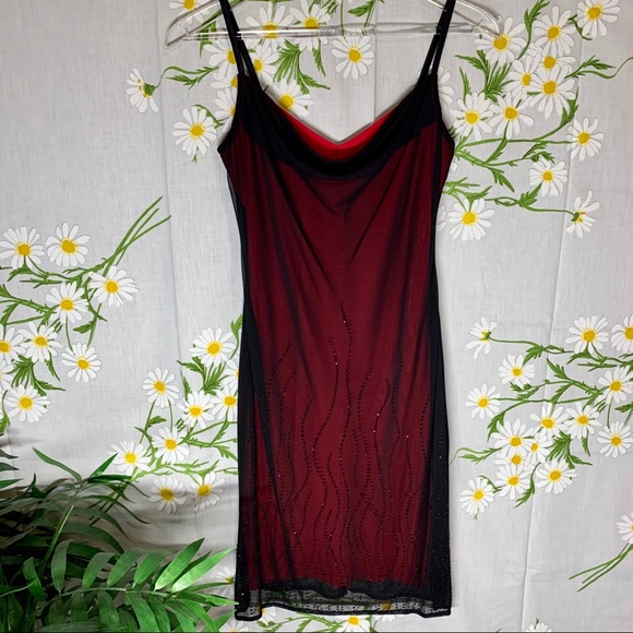 Vintage Dresses & Skirts - VTG flame diamanté red black mesh bodycon dress